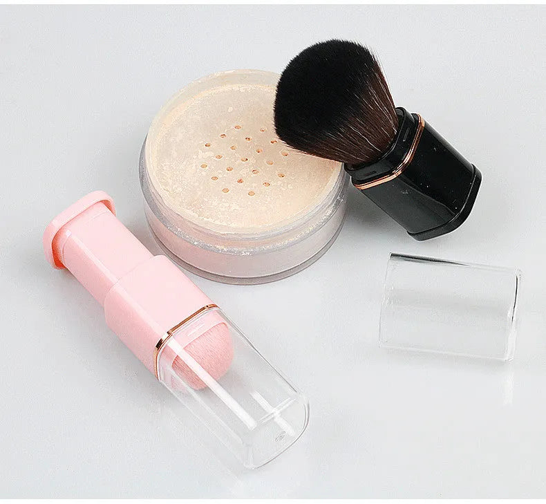 Retractable powder blusher brush with artificial fibre bristles and plastic telescopic handle, 7cm total length