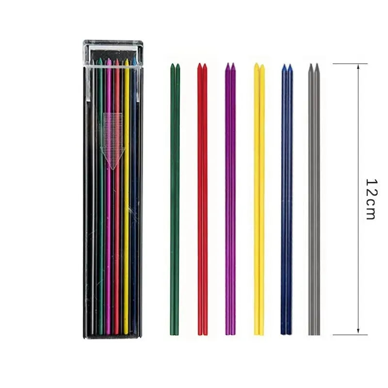 Boxed pencil refill with 12 erasable mechanical pencil replacement leads in rainbow colours for drawing and painting