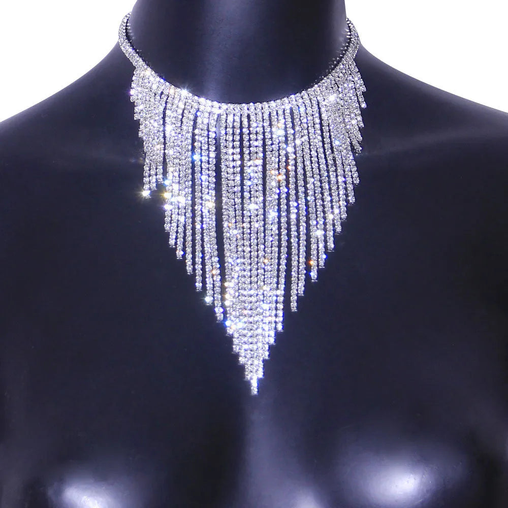 Double row alloy necklace with rhinestones in gold colour, symmetrical design