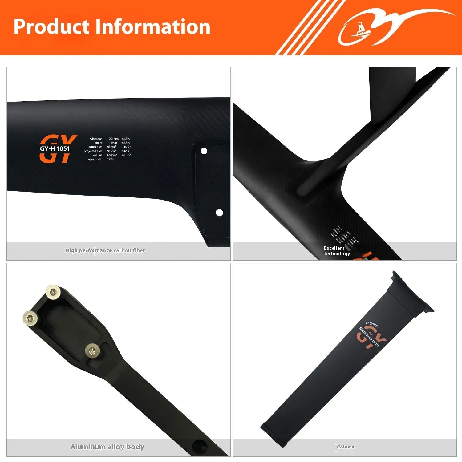 Black carbon fibre and aluminium alloy racing hydrofoil for surfboards with a large front wing.