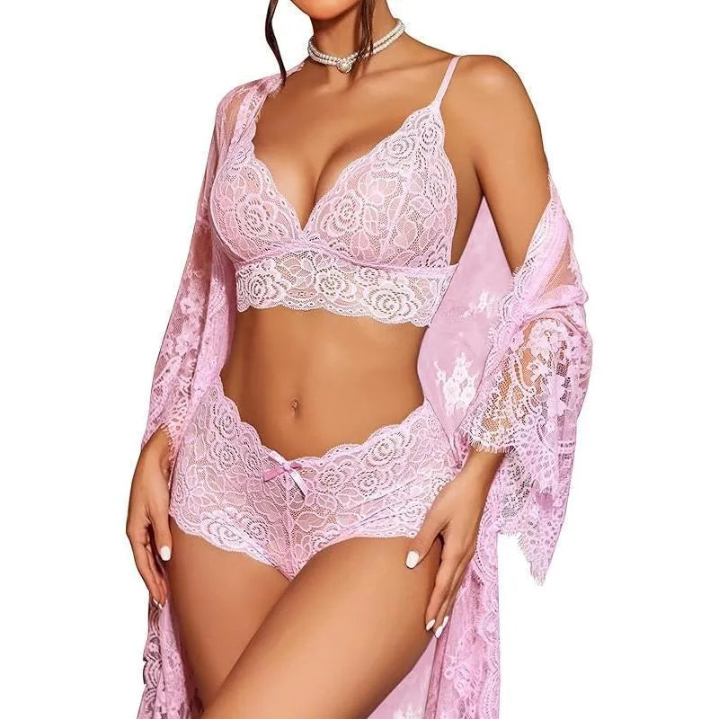 Ladies lace underwear set in apricot colour made from polyester fabric.