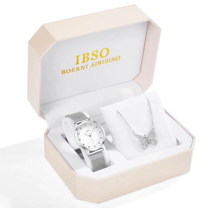 Rhinestone butterfly necklace quartz watch with round dial, alloy strap, and pin buckle