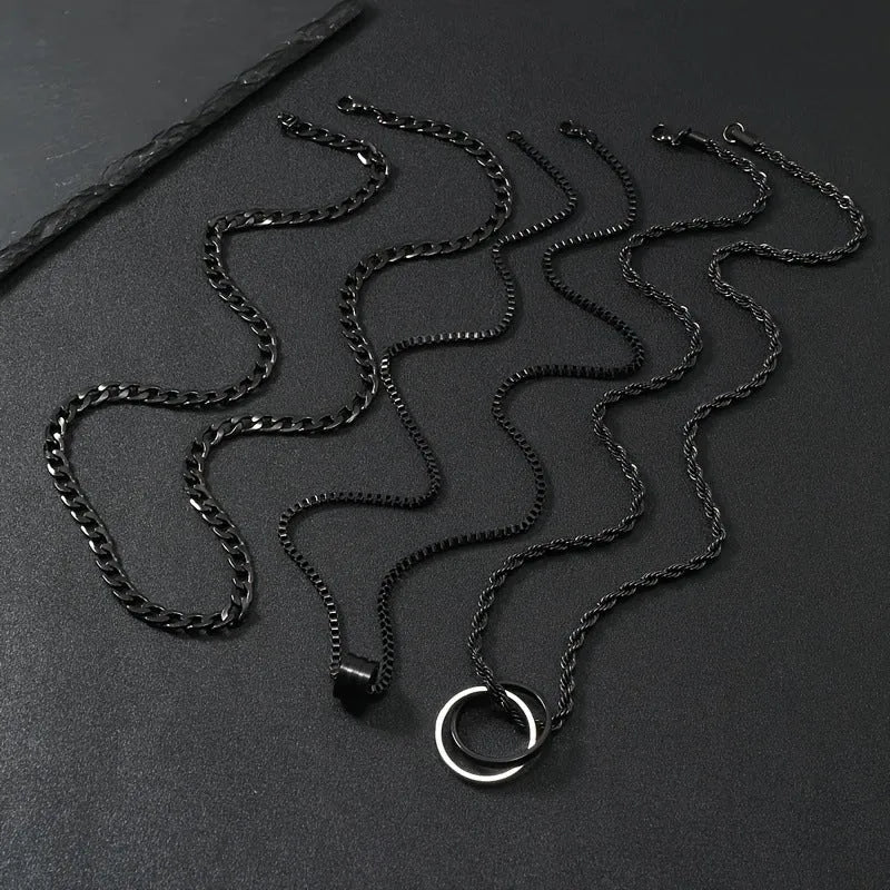 Black three-piece men's hip hop necklace set with cylindrical titanium steel ring pendant