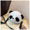 Soft plush cylindrical panda head crossbody bag with sandwich pocket.