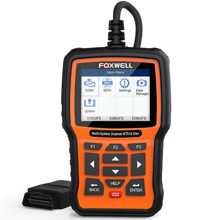 Foxwell NT510 automotive diagnostic tool with orange and black casing and large TFT colour screen