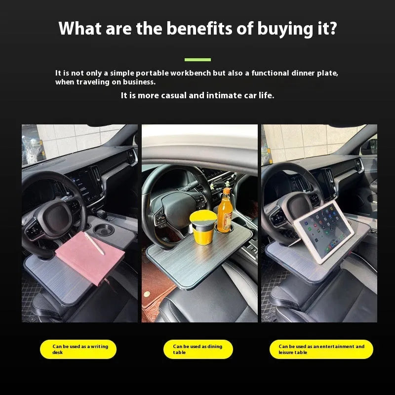 Black ABS plastic car steering wheel laptop stand with foldable design on vehicle dashboard