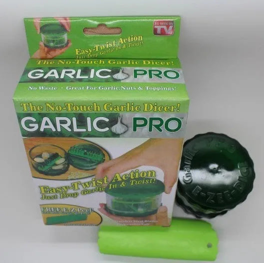 Green transparent polypropylene garlic peeler kitchen tool measuring 8.5 by 8.5 by 6 cm.