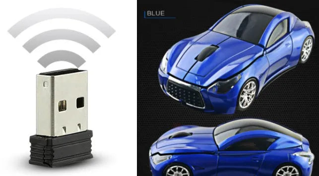 Wireless 2.4 GHz car sports mouse in red, with ABS construction and receiver storage compartment