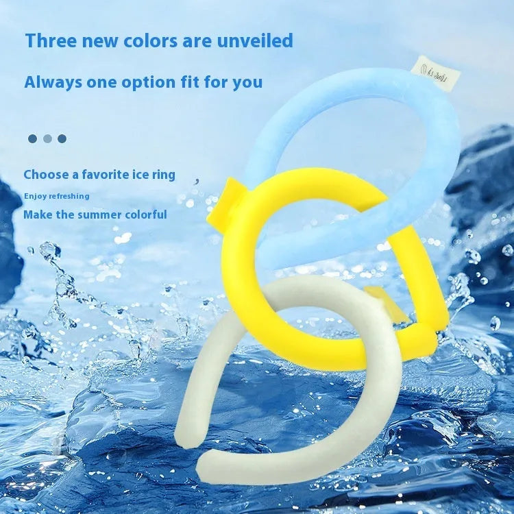 PVC cooling neck ice ring for outdoor sports in blue, showing neck-worn design for heatstroke prevention.