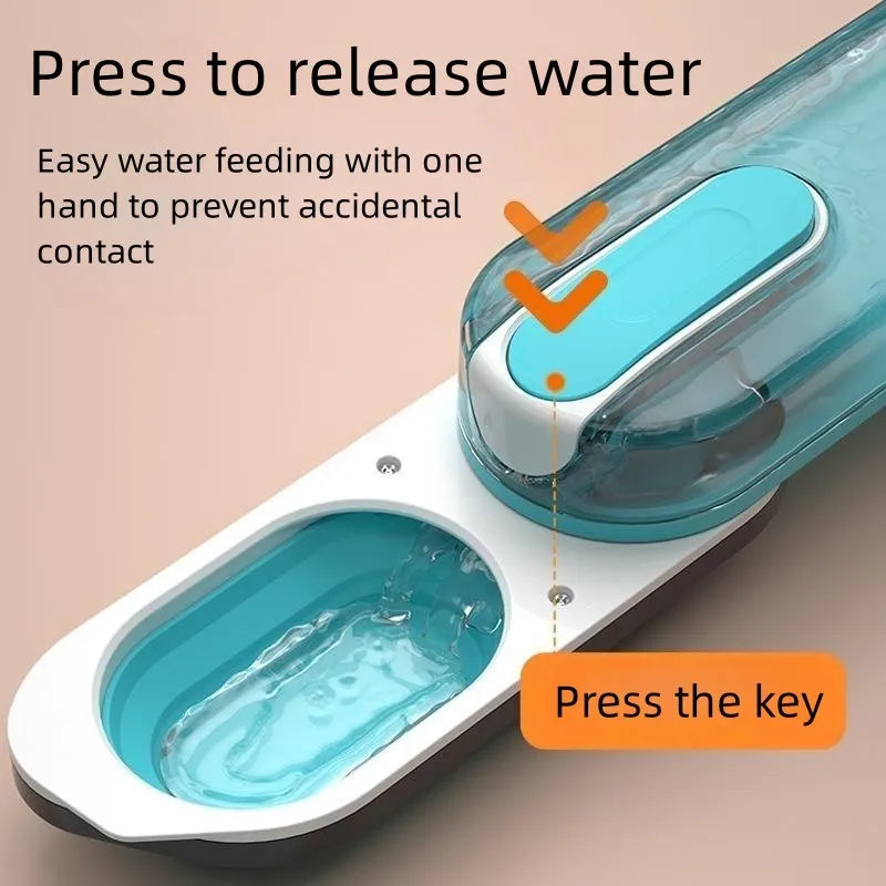 Portable blue dog water bottle with a foldable silicone drinking bowl and carabiner clip