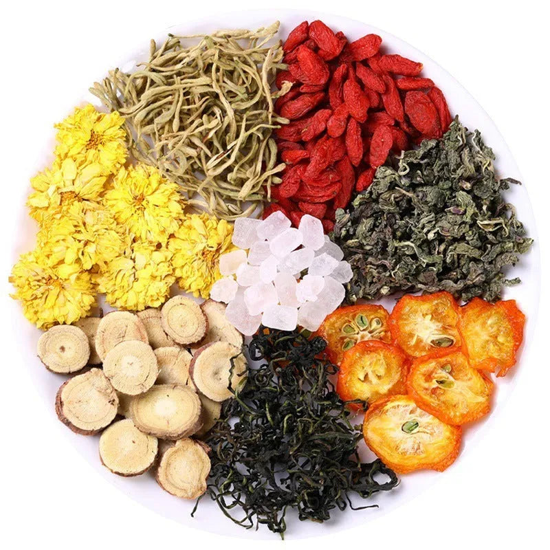Box of honeysuckle chrysanthemum loose leaf herbal tea showing 150g net weight