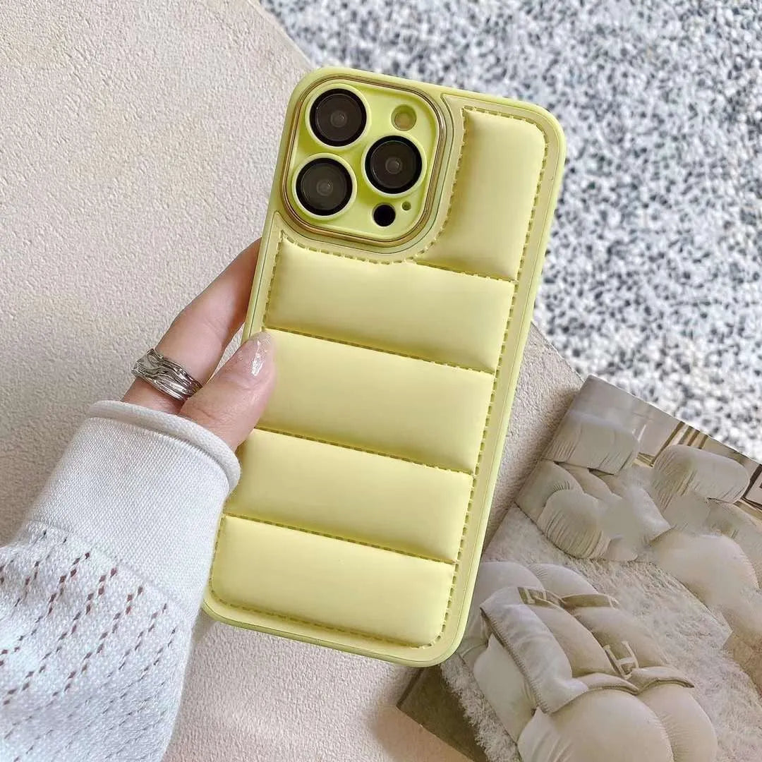 Cotton filled down jacket phone case for Apple iPhone in imitation leather for fall prevention, multiple colours