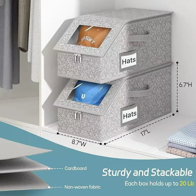 Grey foldable and stackable woven fabric storage box with lid for organisation.