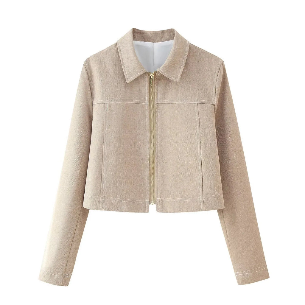 Women's herringbone pattern summer suit with long sleeve coat and straight-leg trousers