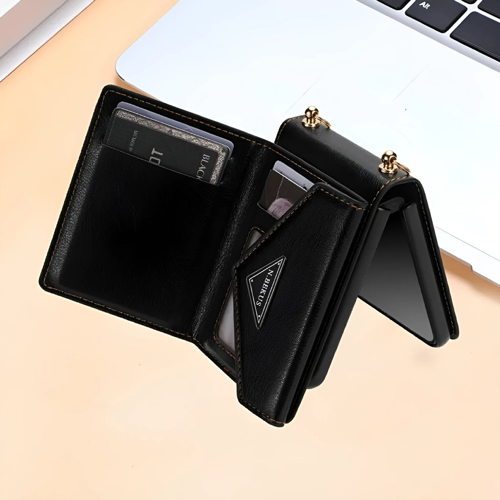 Samsung Z Flip5 side zipper card holder phone case in black with bracket stand
