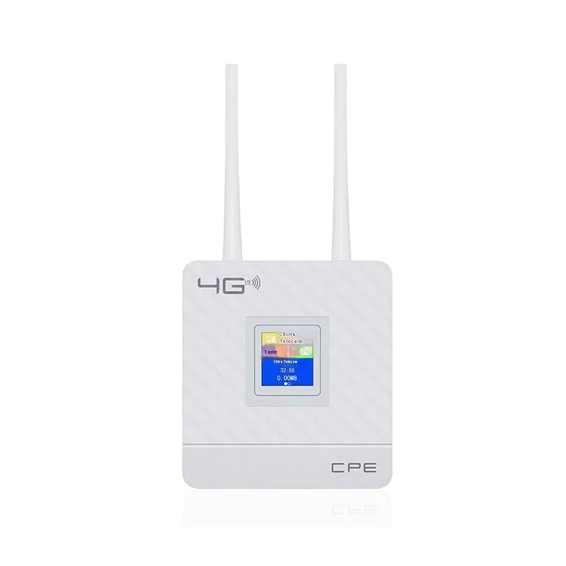 CPF903 LTE router unit with two attached external antennas, USB cable, and power adapter on a desk.