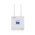 CPF903 LTE router unit with two attached external antennas, USB cable, and power adapter on a desk.