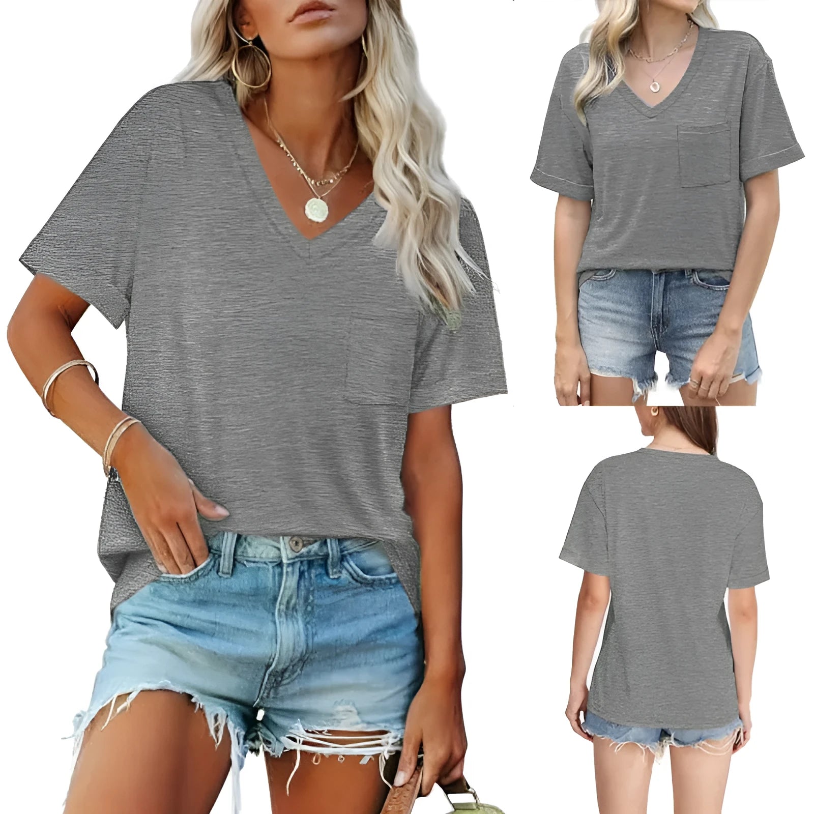 Grey loose fit V-neck T-shirt with a front chest pocket on a hanger.