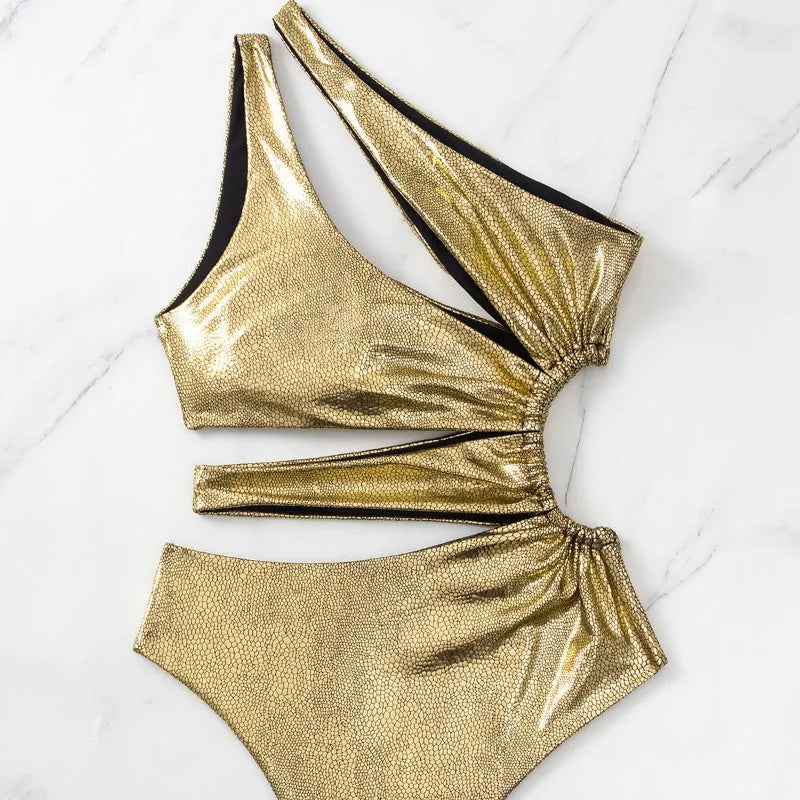 Women's gold backless one-piece swimsuit with high elasticity spandex construction