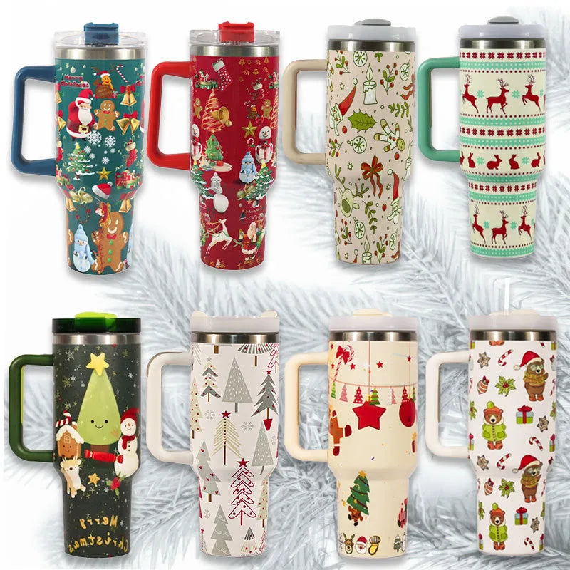 Christmas pattern stainless steel vacuum tumbler with handle, lid and straw - 1200ml capacity travel cup