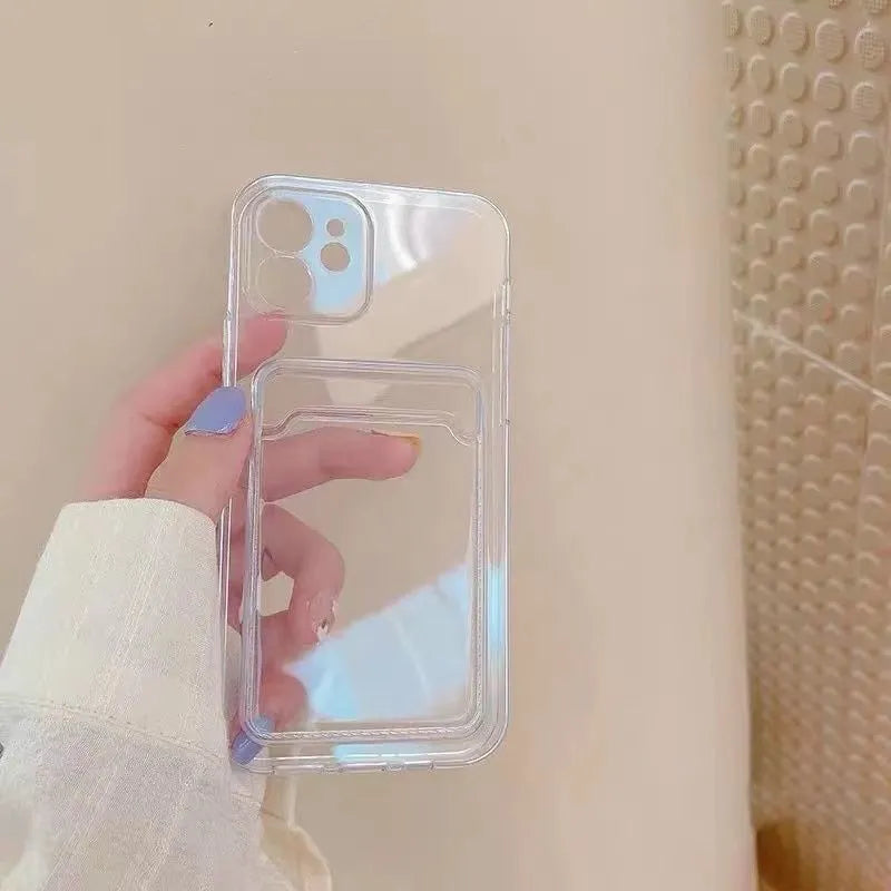 Clear transparent PVC phone case for iPhone with a visible card slot on the back.