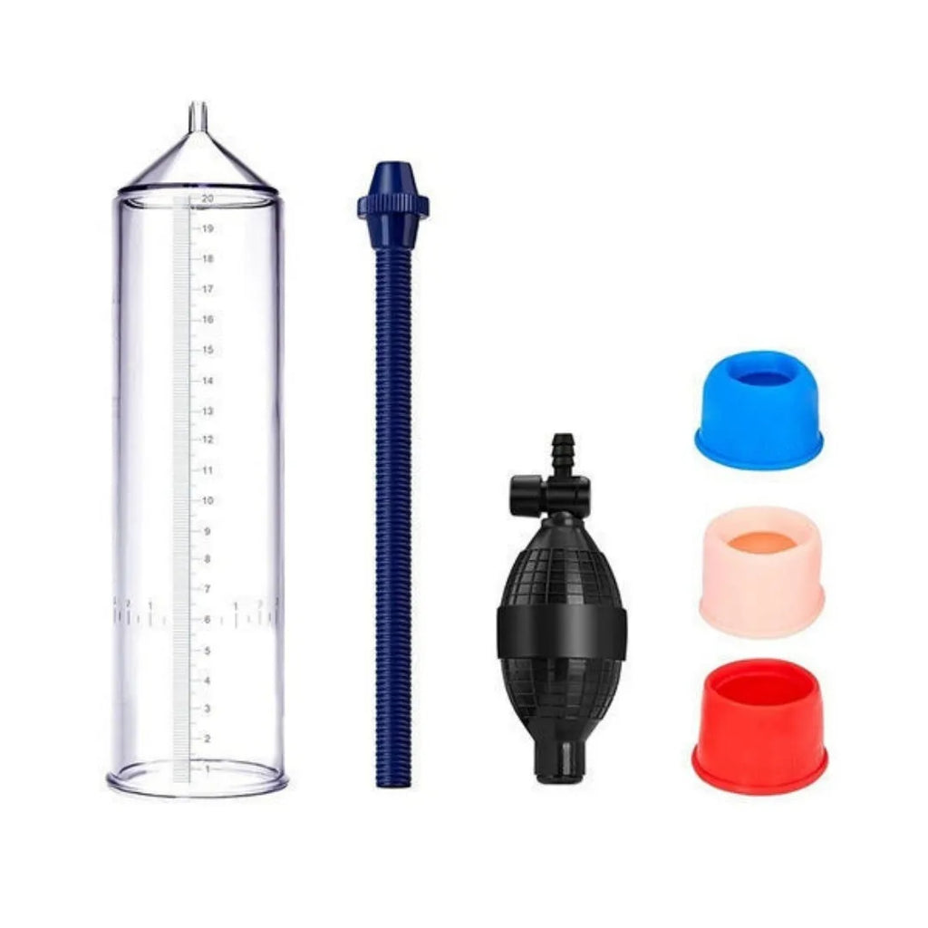 Male silicone exercise cover accessory with plastic valve exerciser and connection components