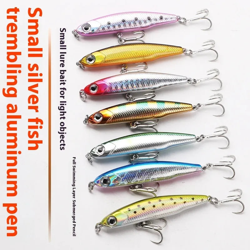 Small silver fish lure pencil bait with double hooks, set of five in storage box