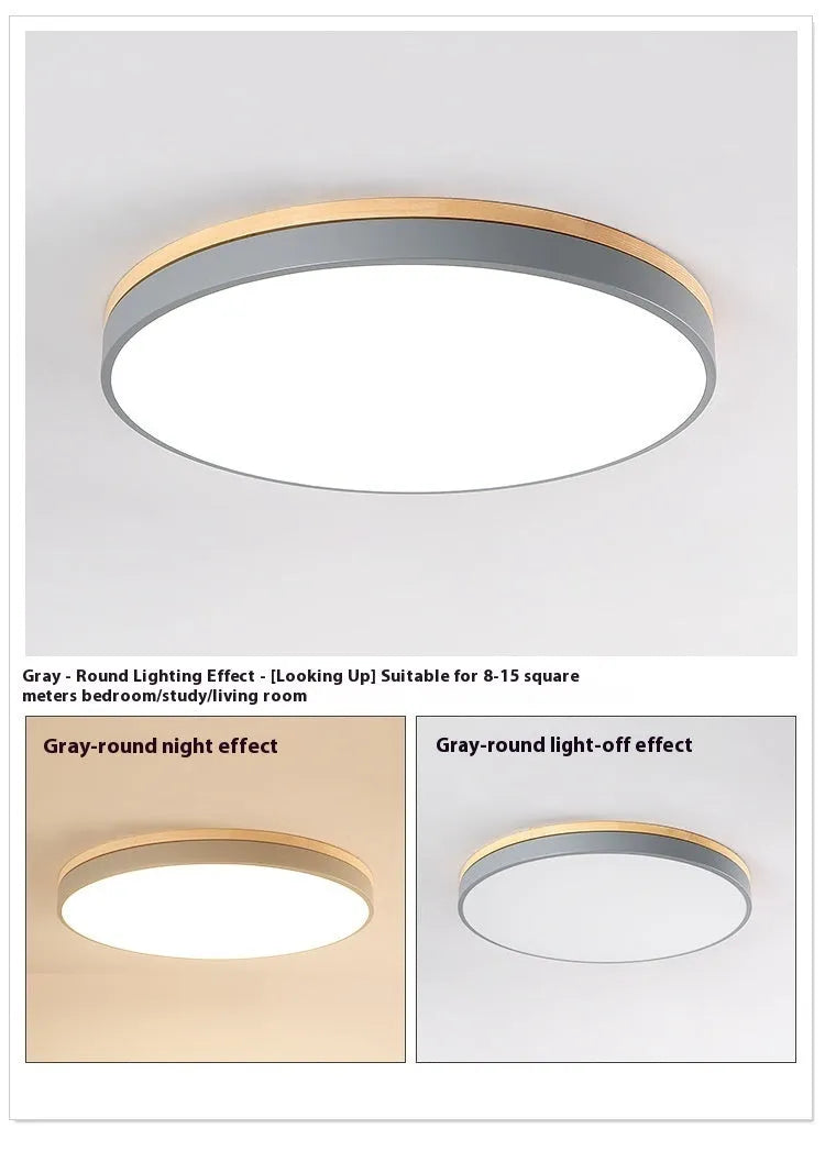 Round Scandinavian style wood and iron LED ceiling lamp with a white acrylic shade on a white ceiling.