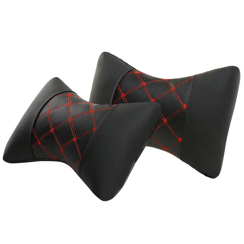 Black leather quilted car headrest pillow with diamond check pattern for cervical neck support
