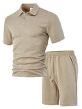 Men's pattern cloth casual short sleeve polo suit set with matching top and trousers in multiple colours