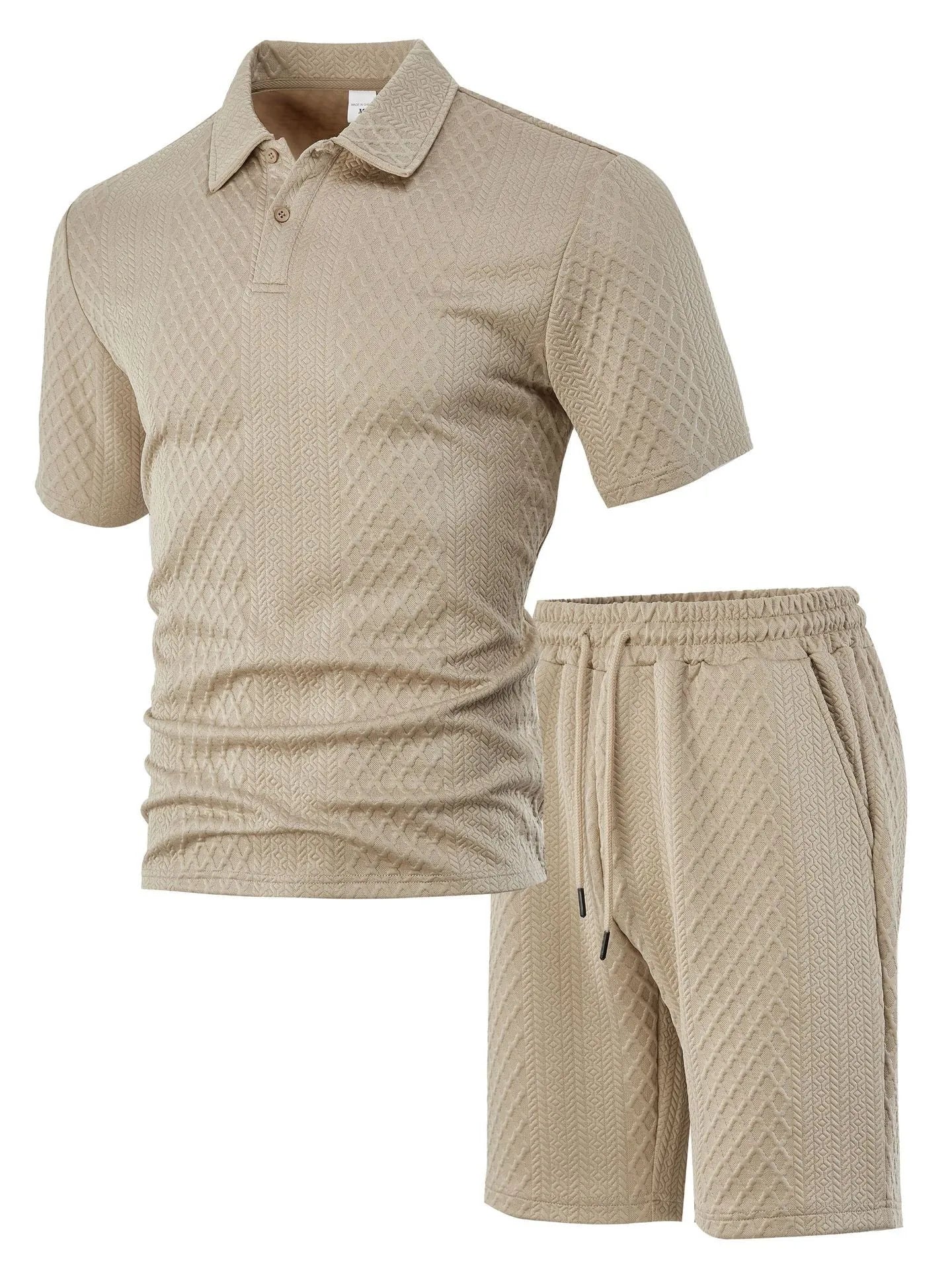 Men's pattern cloth casual short sleeve polo suit set with matching top and trousers in multiple colours