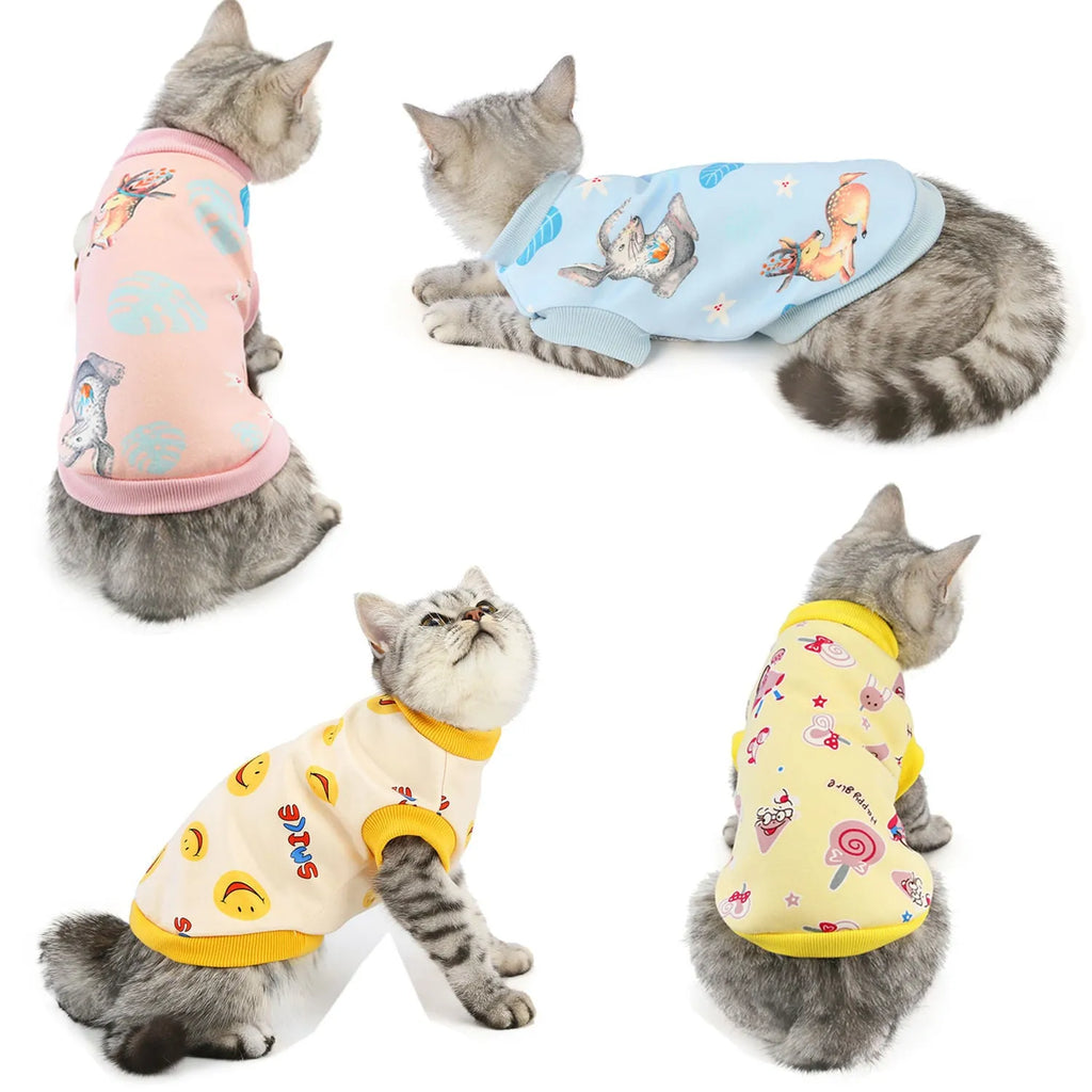 Yellow dinosaur design cotton cat clothes for autumn winter, casual style, available in multiple sizes
