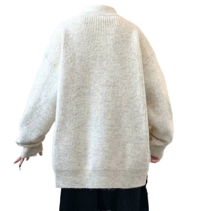 Men's casual stand collar cardigan sweater in beige, Vinylon fabric, loose fit, Asian sizing