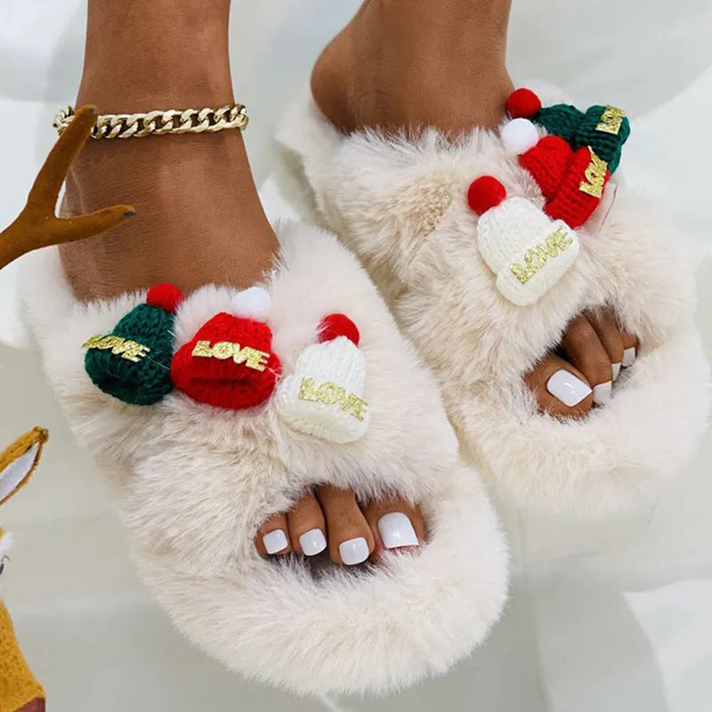 Christmas hat decoration super hairy women's slippers in black faux plush with rubber sole