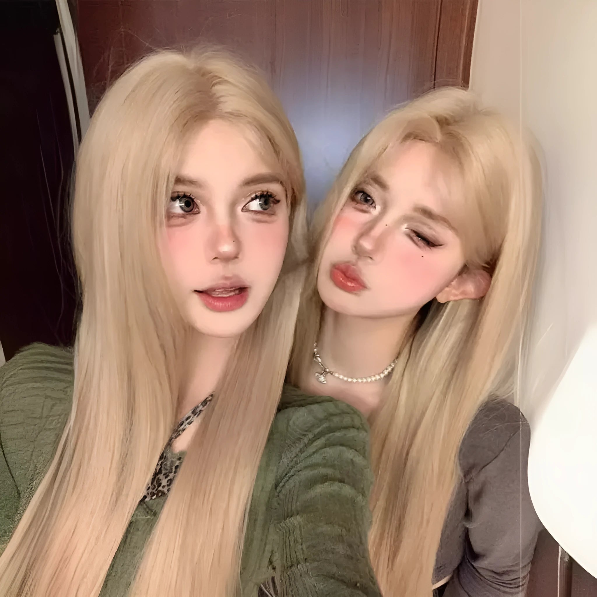 Full hair type women's long straight Milk Tea Gold wig on mannequin head with matching hair net