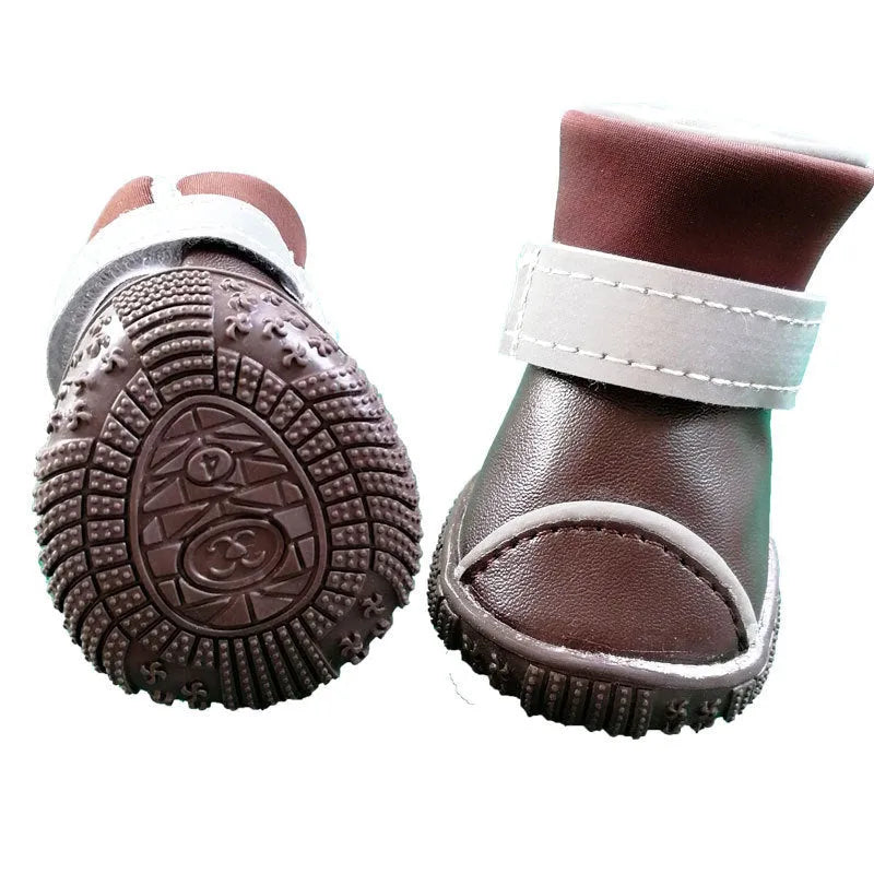 Red and coffee PU waterproof rain boots for small dogs with non-slip sole, available in sizes 1-5
