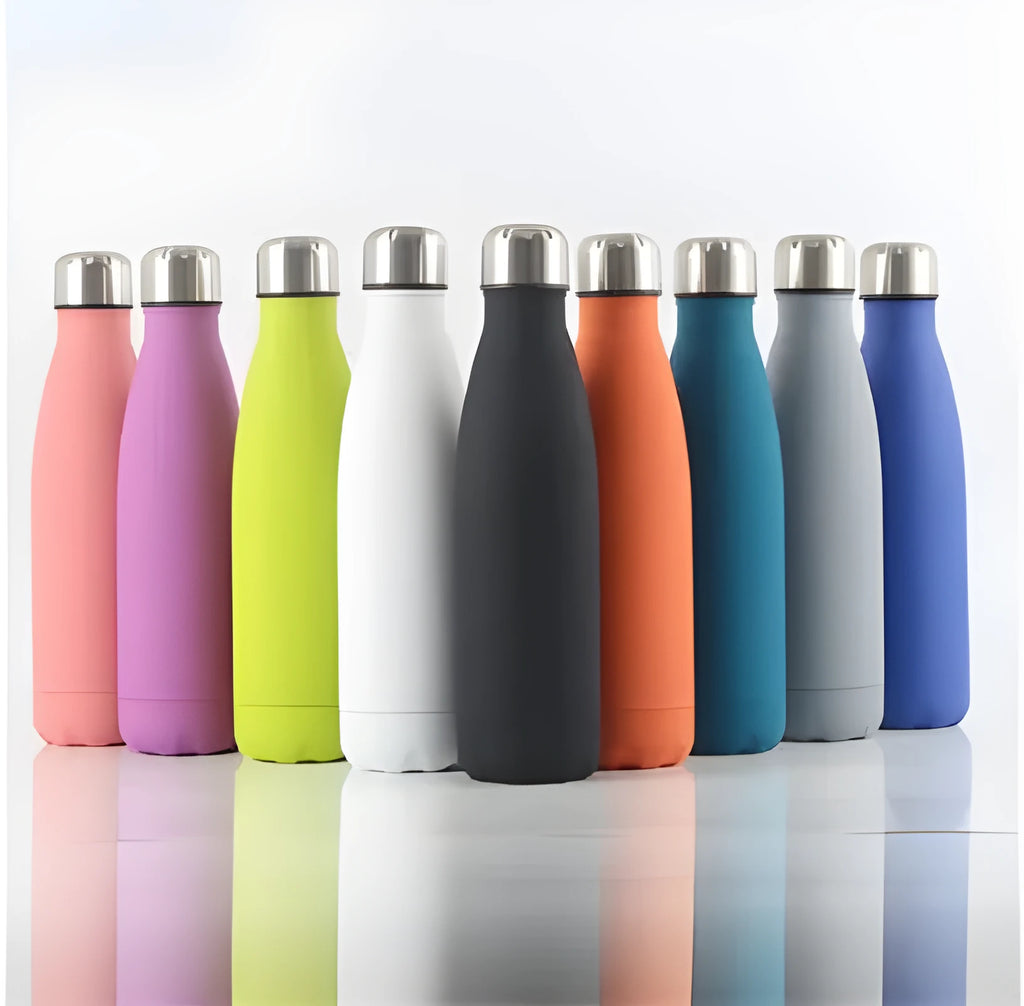Insulated stainless steel water bottle mug with rubber painted surface and vacuum flask design in multiple colours