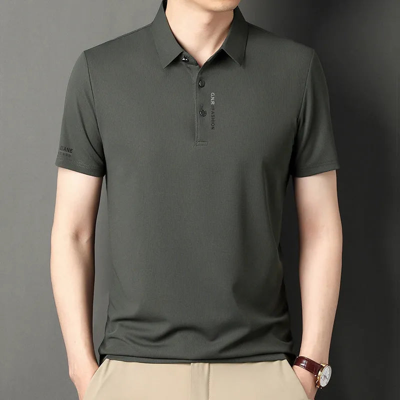 Men's waffle short sleeve polo shirt in bean green, loose fit with side slits, on plain background