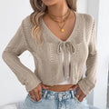 Women's casual lace-up hollow-out long-sleeved cardigan in khaki, viscose fibre, regular fit