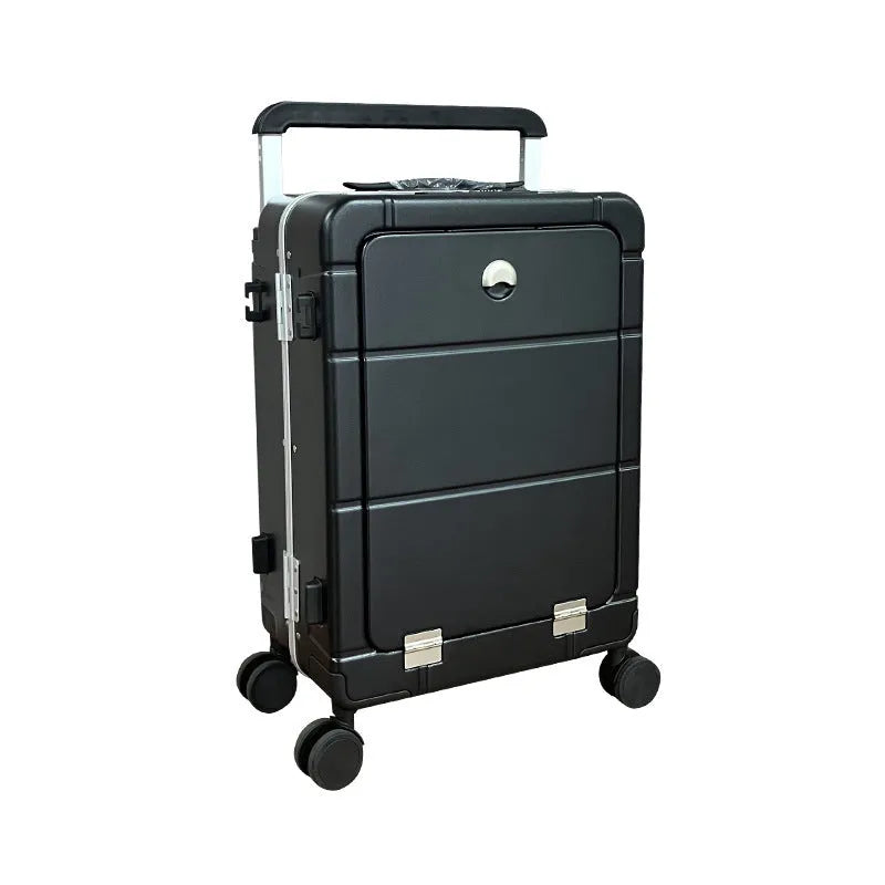 20-inch front opening cabin suitcase in titanium silver colour with universal wheels and integrated cup holder.