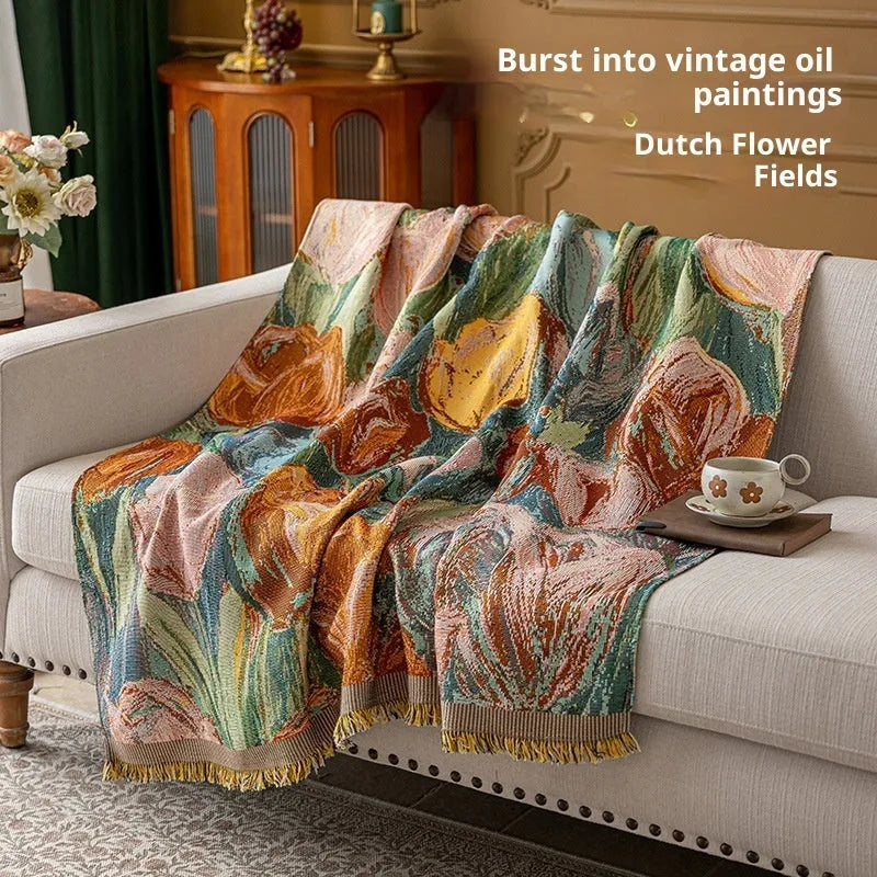Oil painting cotton braided sofa slipcover with geometric pattern on a beige sofa, vintage colours, full coverage design