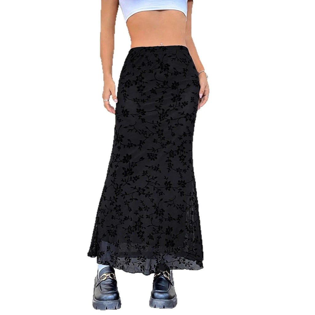 Dark green floral half-length fishtail skirt for women with polyester fabric and elastic waist