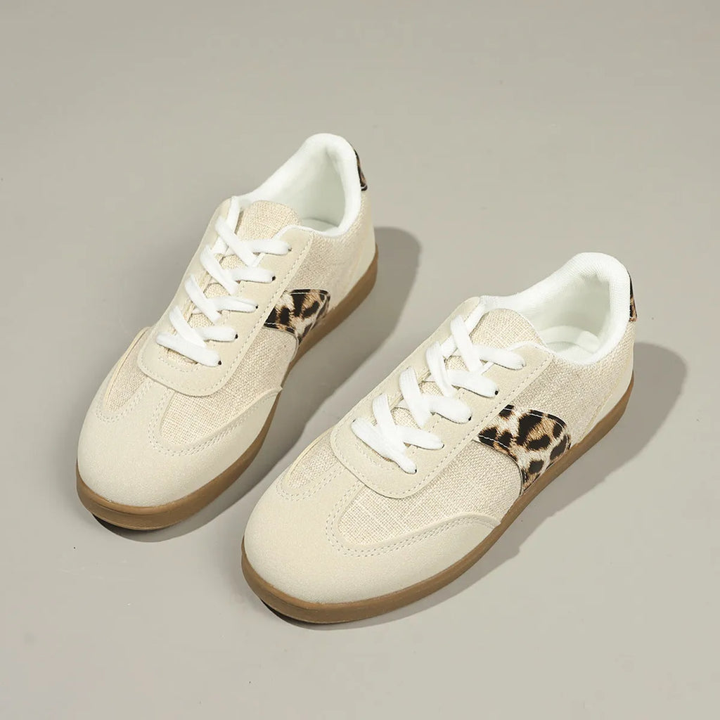 Women's round toe lace-up vintage leopard print canvas training shoes low top casual sneakers