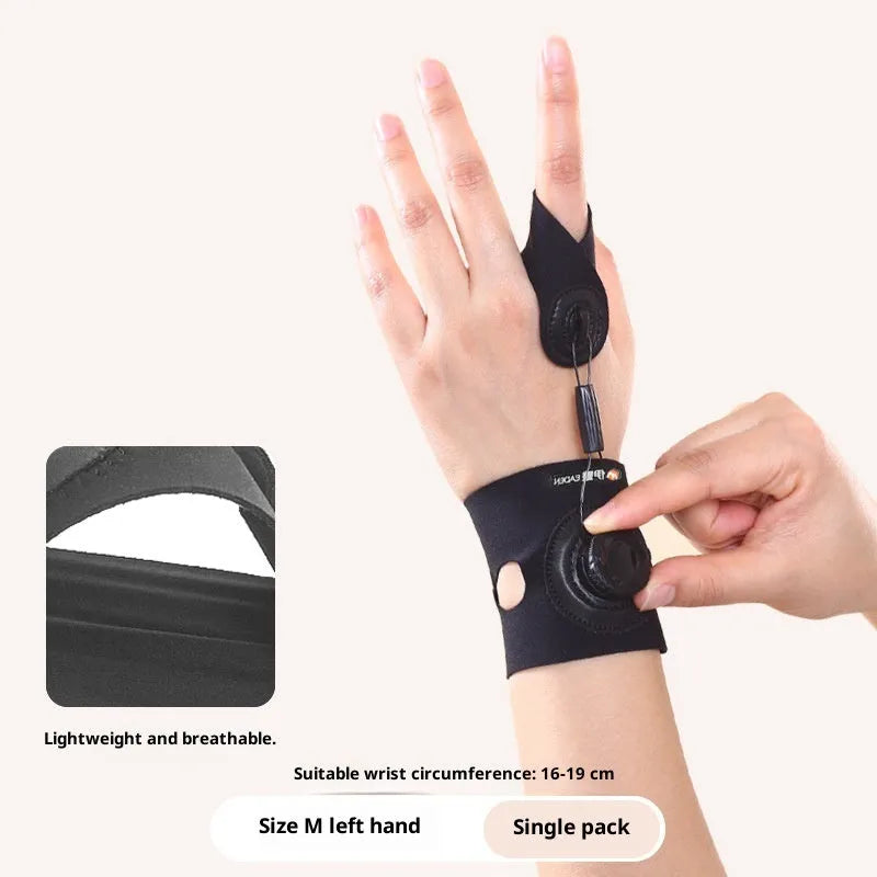 Rotating trigger finger corrector for thumb tendon sheath, five-finger universal, left hand shown, size S or M