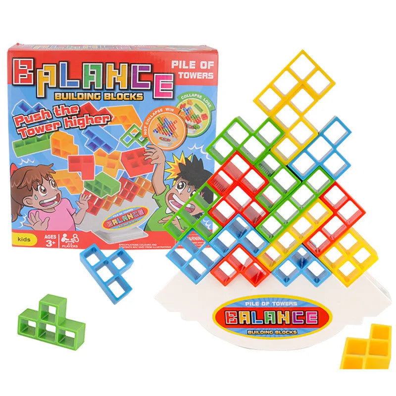 Plastic balance stacking game with 16 colourful blocks on chassis base for kids age 3+
