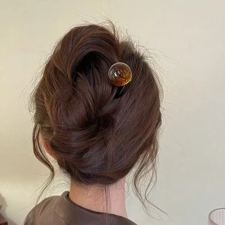 Simple U-shaped acrylic barrettes with ball retro design in beige, caramel, dark gray and green colours