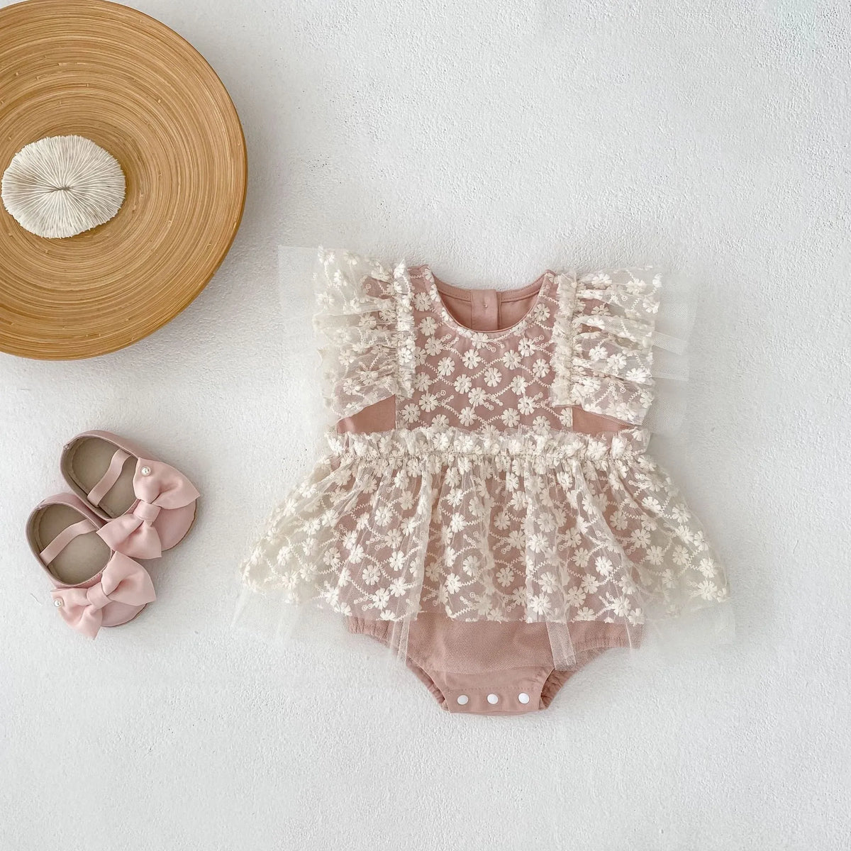 Baby girl mesh jumpsuit full moon romper in matte pink, short sleeves, cotton blend triangle style