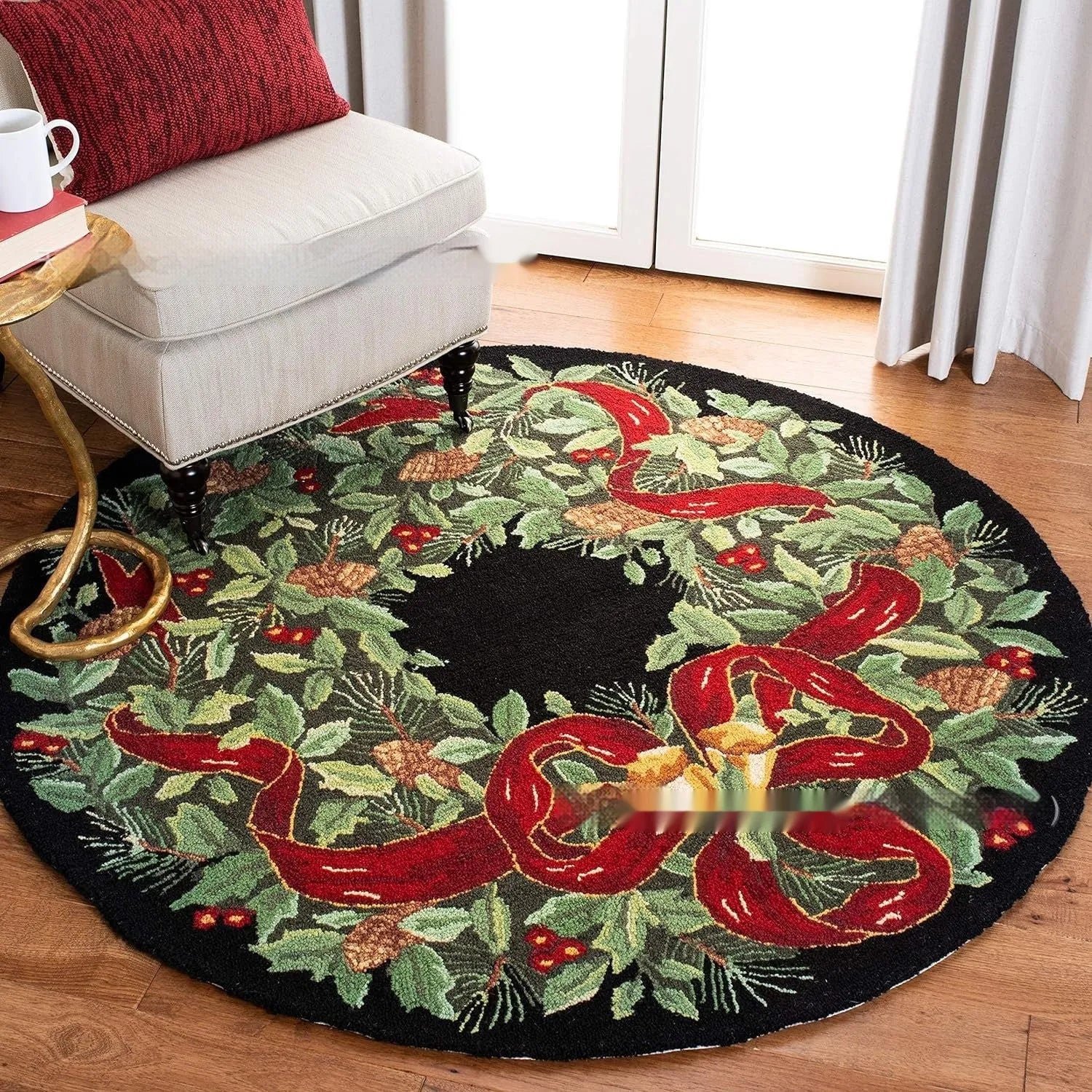 Printed round Christmas carpet with holiday design on soft polyester material