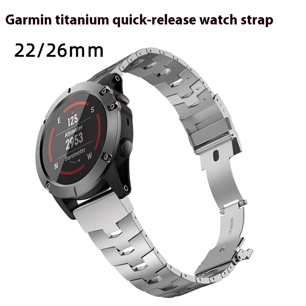 Metal watch strap for Garmin Jiaming Fenix series in silver, black, titanium colours, showing 22mm and 26mm size options.
