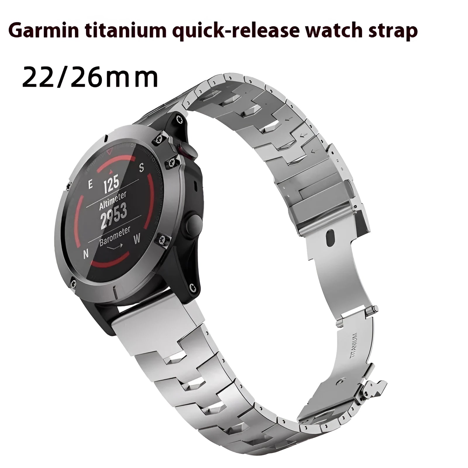 Metal watch strap for Garmin Jiaming Fenix series in silver, black, titanium colours, showing 22mm and 26mm size options.